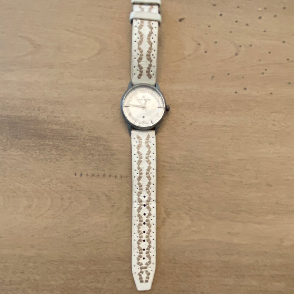 Lucky Brand White leather watch with antique steel finish and embroidered band